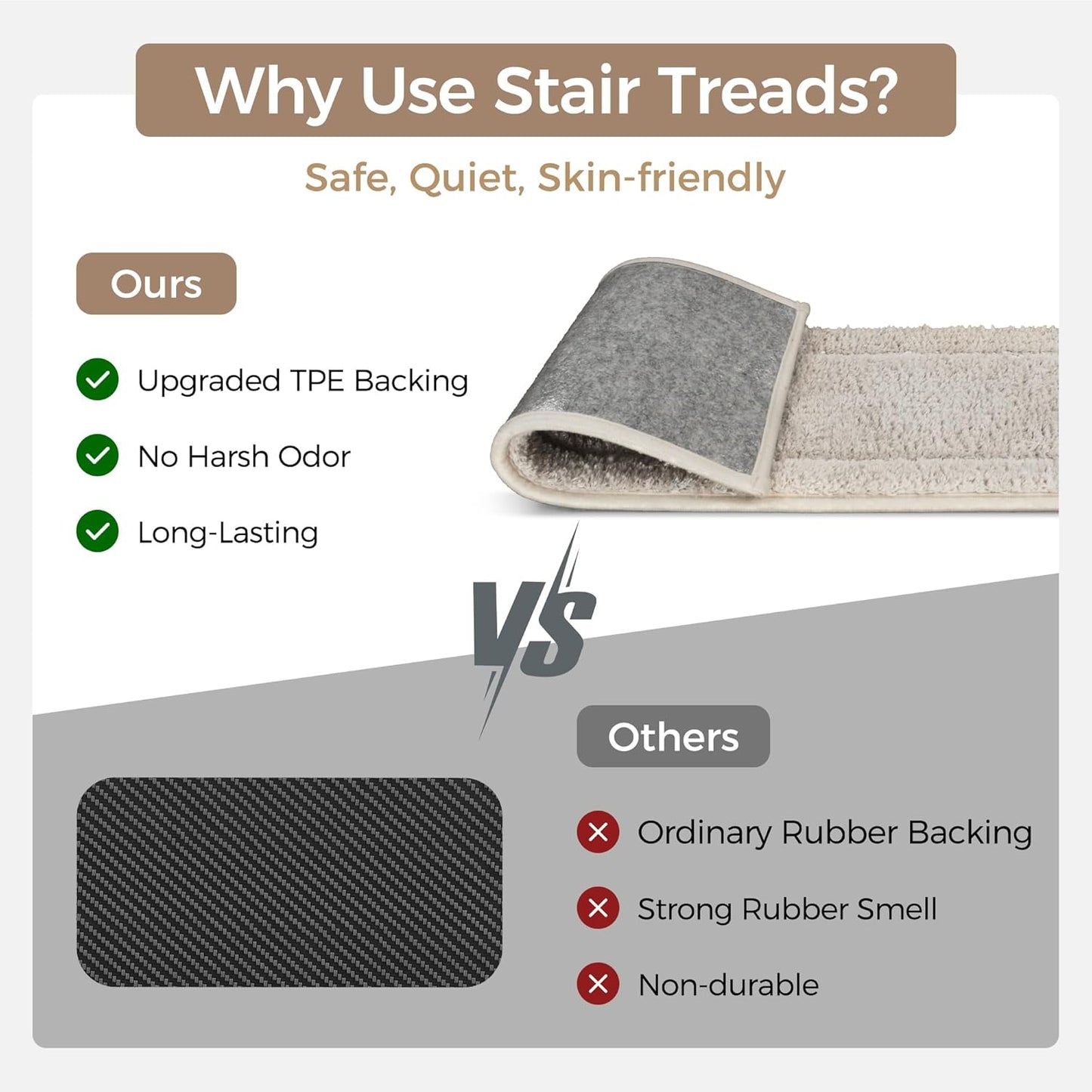 sarben Non Slip Stair Treads for Wooden Steps 15PCS - 8"x30" Indoor Safety Carpet, Edging Mats with TPE Adhesive Backing, Pet and Elderly Friendly Stair Rugs (Taupe) - Colors B