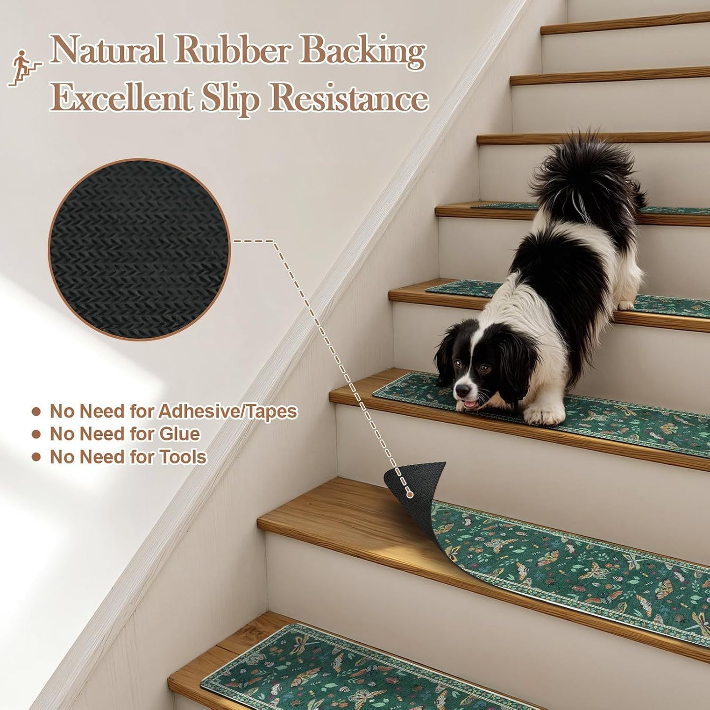 OJIA Insect Print Stair Treads Non Slip Stair Runners for Wooden Steps Indoor, 15PCS 8"x30" Rubber Backing Carpet Treads for Wood Stairs Staircase Step Treads for Kids & Dogs, Stair Covers, Black