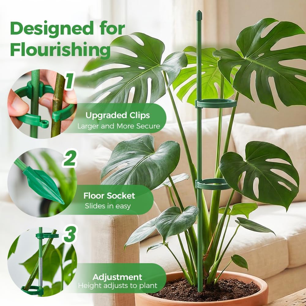 Plant Stakes for Indoor Plants, Adjustable Plant Support Sticks with Clips & Plant Ties, Indoor Outdoor Garden Poles for Monstera Tomato Orchid Rose Potted Flowers Vegetables (17 inch 5pcs)