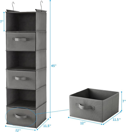 MAX Houser 6 Tier Shelf Hanging Closet Organizer, Closet Hanging Shelf with 2 Sturdy Hooks for Storage, Foldable (Grey)