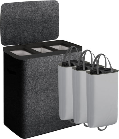 CASAMAYA Laundry Basket with Lid, Laundry Hamper 3 Section, 190L collapsible Laundry Organizer, Easy Assembly, with Handles and Removable Liners, 25.2 x 15.7 x 29.5 Inches, Beige JSP904M