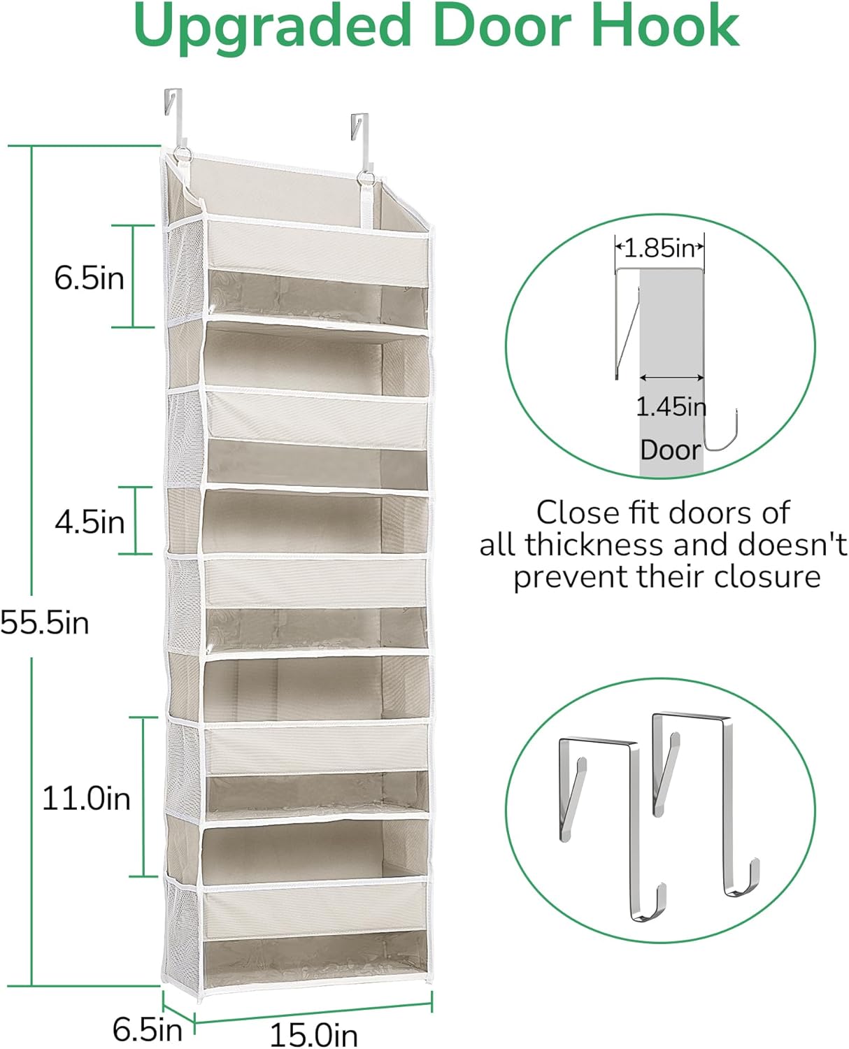 ULG Over the Door Organizer, 5-Tier Extra Large Hanging Storage with 10 Mesh Pockets, 100 lbs Capacity, Heavy Duty Door Organizer for Closet, Bedroom, Nursery Storage, Beige