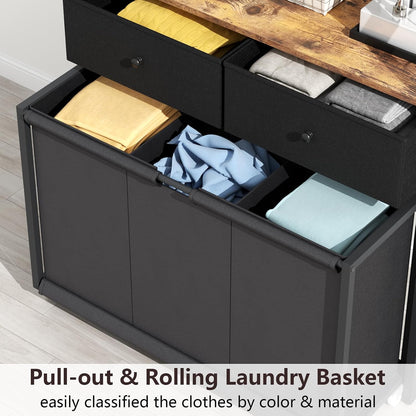 STIKELY Laundry Hamper Laundry Basket with 3 Section Pull-Out Rolling Bags, Laundry Sorter for Organization and Storage with 2 Pull-Out Drawers for Laundry Room, Bathroom, Bedroom Use (Rustic Brown)