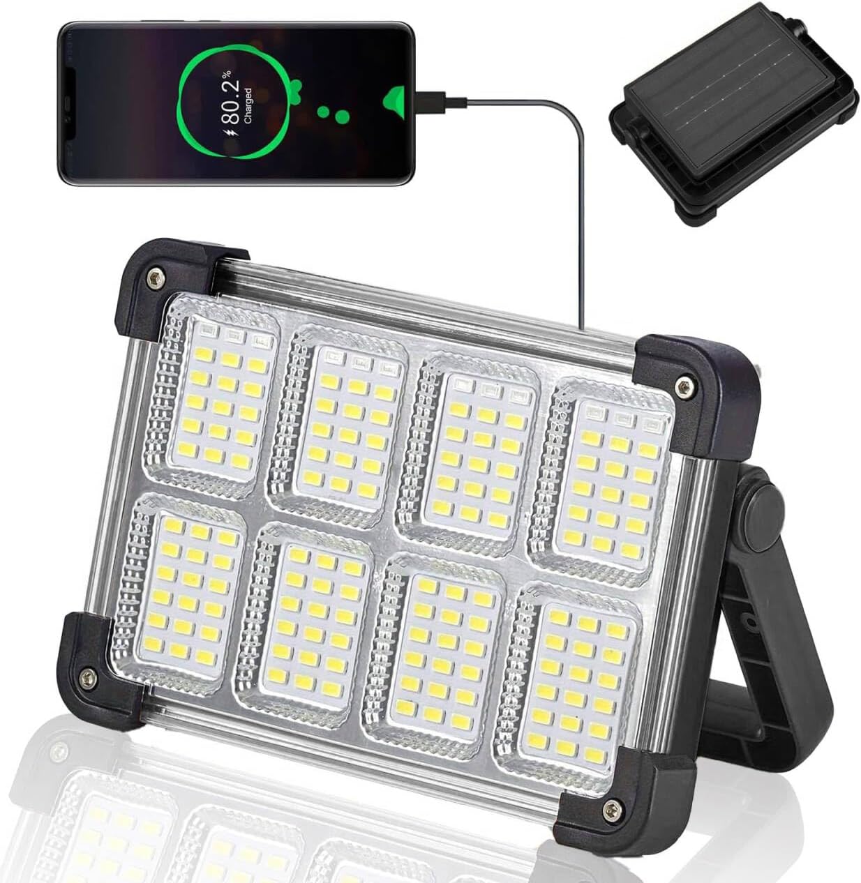 120W Solar Rechargeable Work Light, 144 LED 10000LM Portable Flood Light with Stand, IP66 Waterproof 4 Modes LED Job Site Lighting Flashlights for Mechanic Camping Fishing Car Repair