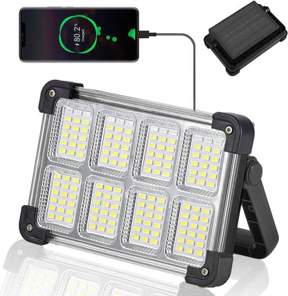 120W Solar Rechargeable Work Light, 144 LED 10000LM Portable Flood Light with Stand, IP66 Waterproof 4 Modes LED Job Site Lighting Flashlights for Mechanic Camping Fishing Car Repair