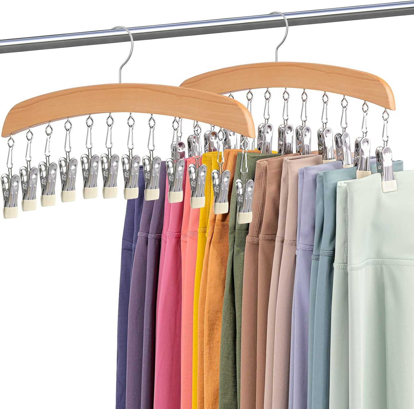 MEILIDY Wooden Leggings Hangers, Scarf Hangers for Closet, Black, 2 Pcs | 24 Clips, 360° Swivel Hook, Hanging Storage Organizer for Scarves, Pants, Hats, Skirts, Bras, Camisoles, Tank tops, Gloves