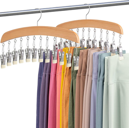 MEILIDY Wooden Leggings Hangers, Scarf Hangers for Closet, Black, 2 Pcs | 24 Clips, 360° Swivel Hook, Hanging Storage Organizer for Scarves, Pants, Hats, Skirts, Bras, Camisoles, Tank tops, Gloves
