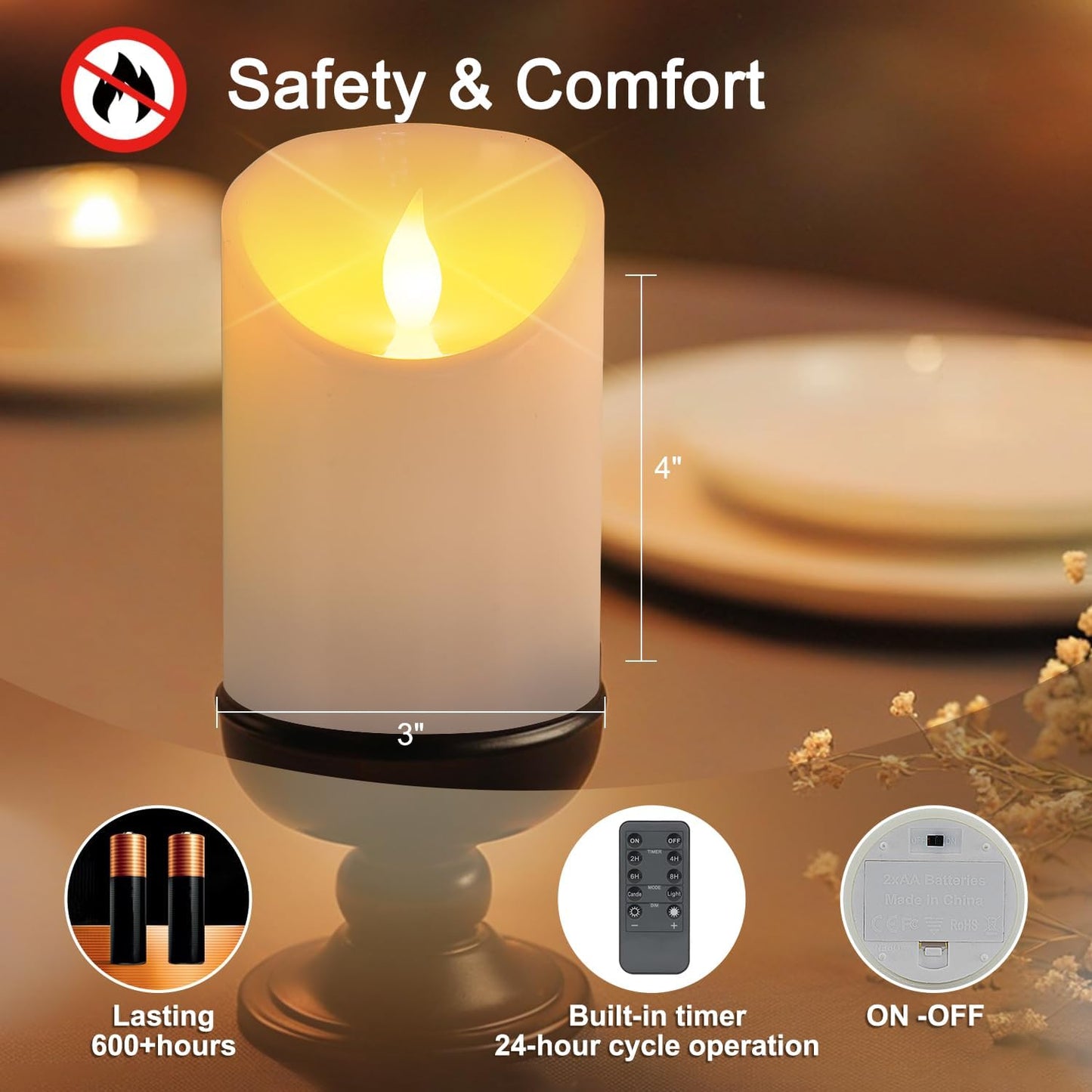 3"x3" Flickering Flameless Candles, Realistic LED Candles, Battery Operated Candles with Remote and Timers, Real Wax Electric Fake Pillar Candles for Festival Wedding Home Party Decor -2Pack