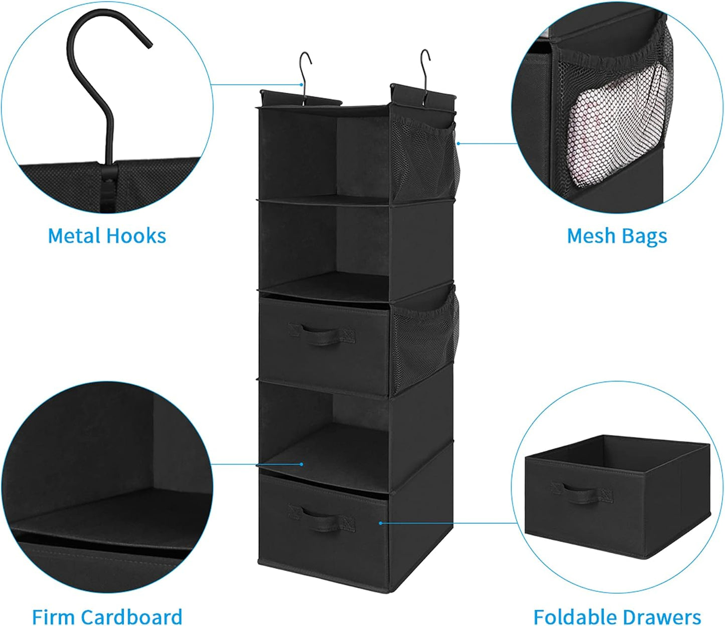 MAX Houser 4-Shelf Hanging Closet Organizer, Space Saver, Cloth Hanging Shelves with 2 Side Pockets, Foldable (Beige)