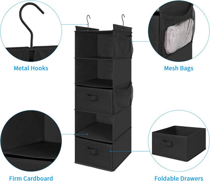 MAX Houser 4-Shelf Hanging Closet Organizer, Space Saver, Cloth Hanging Shelves with 2 Side Pockets, Foldable (Beige)