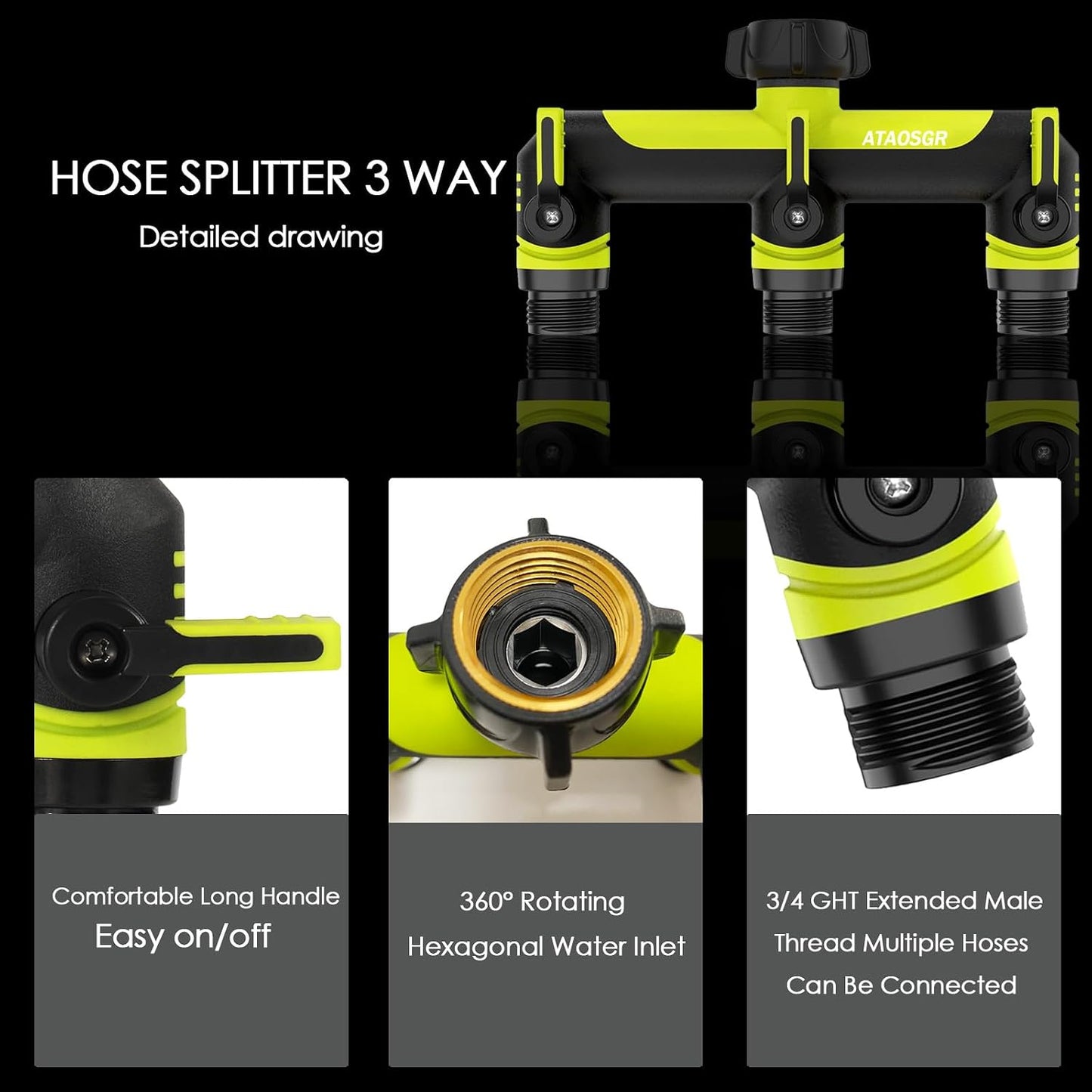 ATAOSGRGarden Hose Splitter 3 Way, 3/4" Outdoor Faucet Splitter, Tap Connector with On/Off Valves and Extended Handle, Tap Adapter Garden Hose Connector for Garden Outdoor Home - Greens