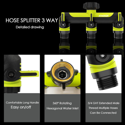 ATAOSGRGarden Hose Splitter 3 Way, 3/4" Outdoor Faucet Splitter, Tap Connector with On/Off Valves and Extended Handle, Tap Adapter Garden Hose Connector for Garden Outdoor Home - Greens