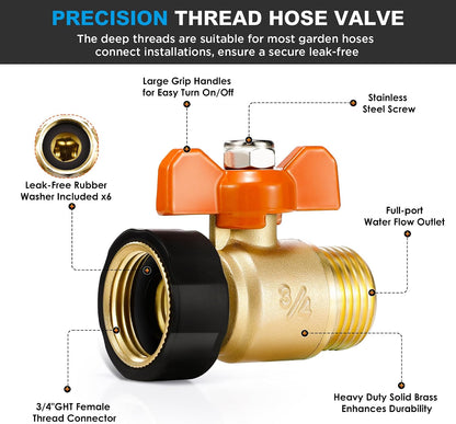Garden Hose Splitter 3/4" GHT Full Flow 2 Way Brass Hose Splitter Heavy Duty All Metal Hose Y Splitter with Shutoff Outdoor Faucet Water Hose Splitter Y Valve Tap Adapter for Outdoor Garden