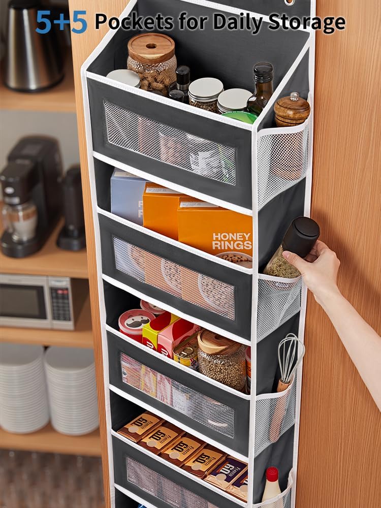 JARLINK 2 Pack Over the Door Organizer Storage, 5 Shelf Hanging Door Organizer with 5 Large Capacity Pockets, Anti Tilt 44 lb Load Behind Door Storage for Bedroom, Bathroom, Pantry, Nursery, (Grey)
