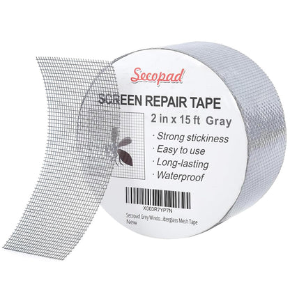 Secopad Grey Window Screen Repair Tape, 2IN X 15FT (180IN) Screen Repair Kit for Windows or Doors, Strong Adhesive Patch Kit Fiberglass Mesh Tape