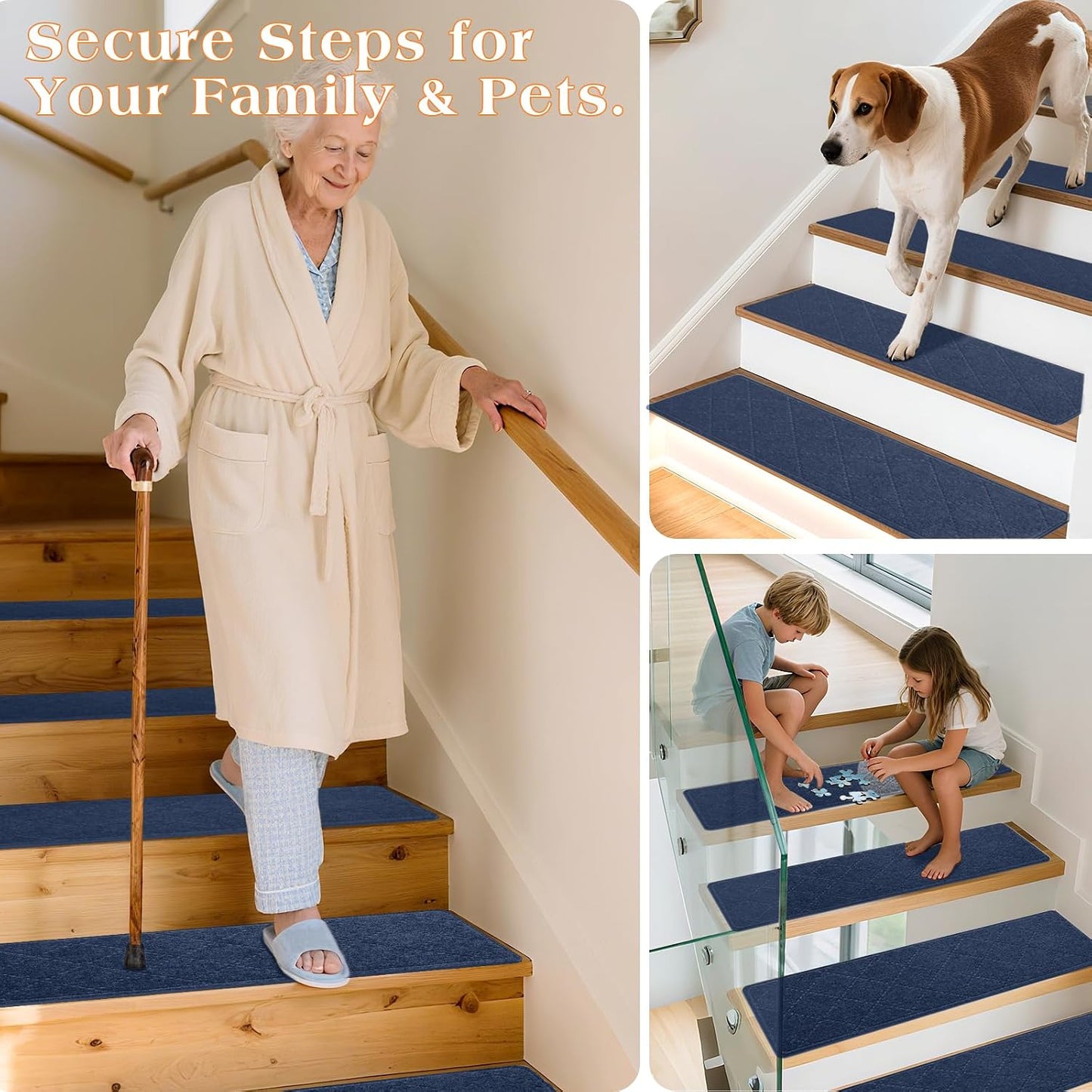 Stair Treads for Wooden Steps 15 PCS - 8’’ x 30’’, Non Slip Stair Runner, Machine Washable Stair Rugs Strips for Kids Pets and Elderly, Indoor Carpet for Stairs (Grey)
