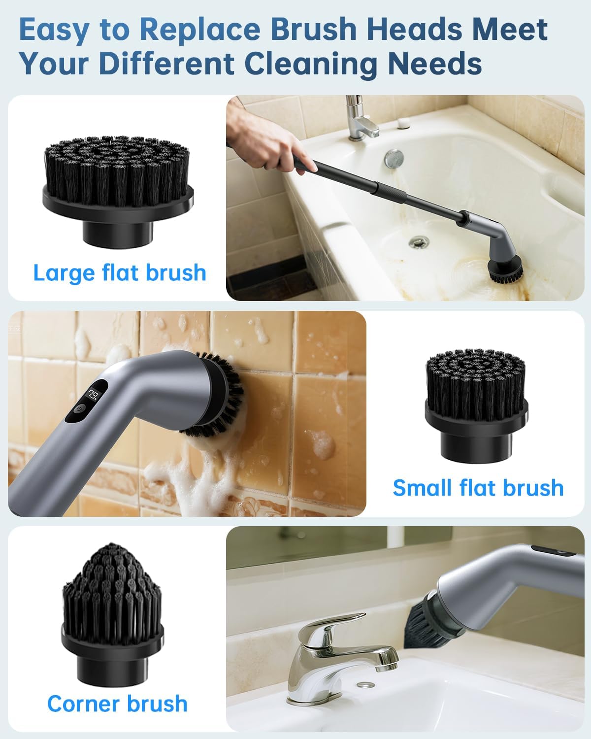VICNOVA Electric Spin Scrubber, IPX7 Waterproof 2-Speed, Extendable Long Handle Cordless Cleaning Brush with 7 Replacement Brush Heads for Bathroom Shower Bathtub Glass Tub Tile Floor Car