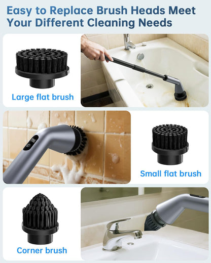 VICNOVA Electric Spin Scrubber, IPX7 Waterproof 2-Speed, Extendable Long Handle Cordless Cleaning Brush with 7 Replacement Brush Heads for Bathroom Shower Bathtub Glass Tub Tile Floor Car