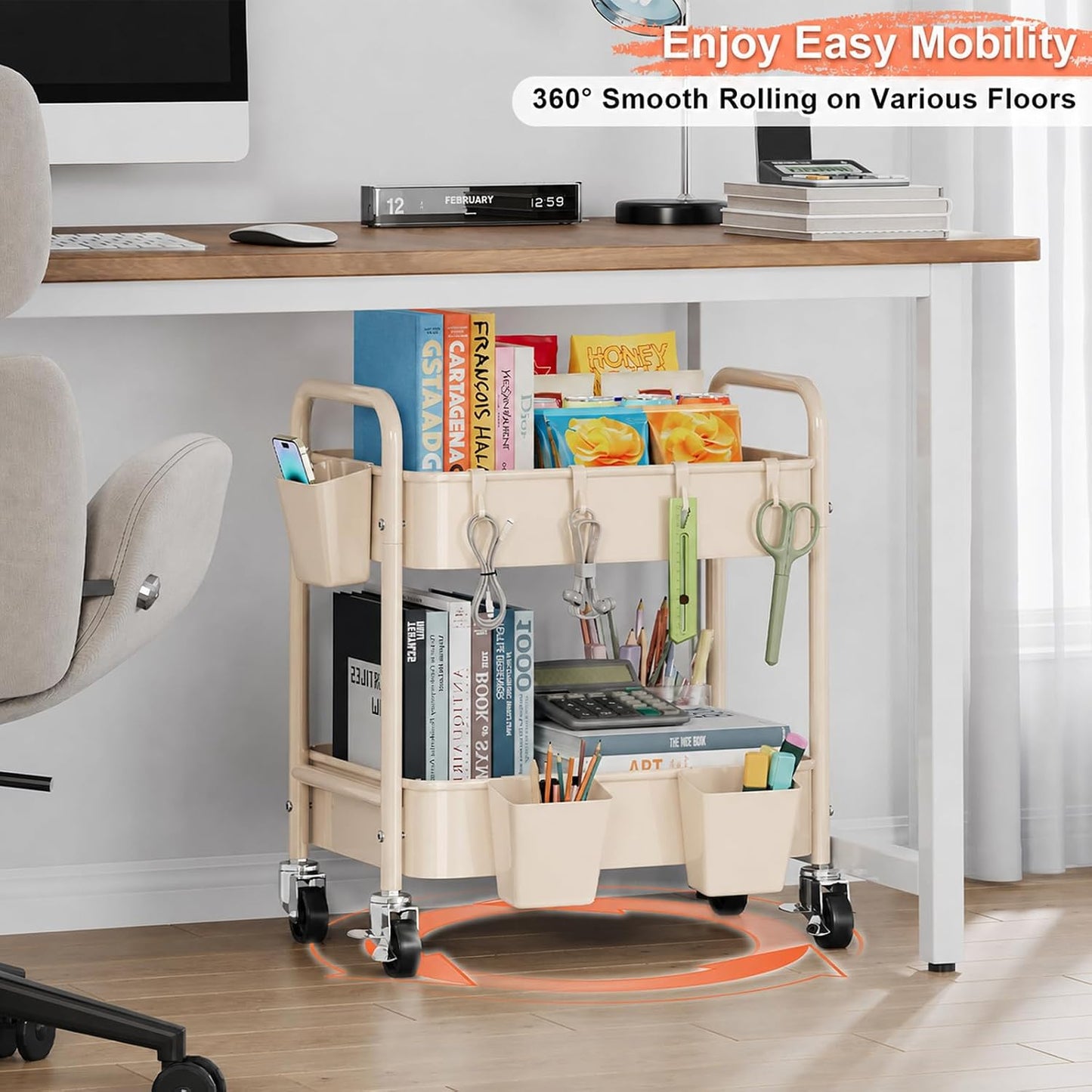 2 Tier Small Rolling Cart Metal with Wheels, White Under Desk Storage Cart on Wheels, Short Utility Roller Caddy Carts Organizer for Art,Craft,Pantry,Bathroom, Two Tiered Shelf Trolley,22 Inches Tall