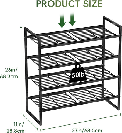 5-Tier Wide Shoe Rack, Metal Shoe Organizer for Closet, Stackable Freestanding Shoe Storage Shelf with Sturdy Wire Grid, Large Capacity Durable Shoe Rack for Entryway Bedroom, Black