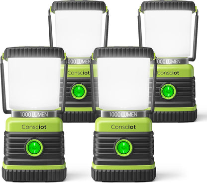 Consciot LED Battery Powered Camping Lantern, 1000LM, 4 Light Modes, IPX4 Waterproof Portable Tent Flashlight for Power Outages, Emergency, Hurricane, Hiking, Light Green, 2-Pack