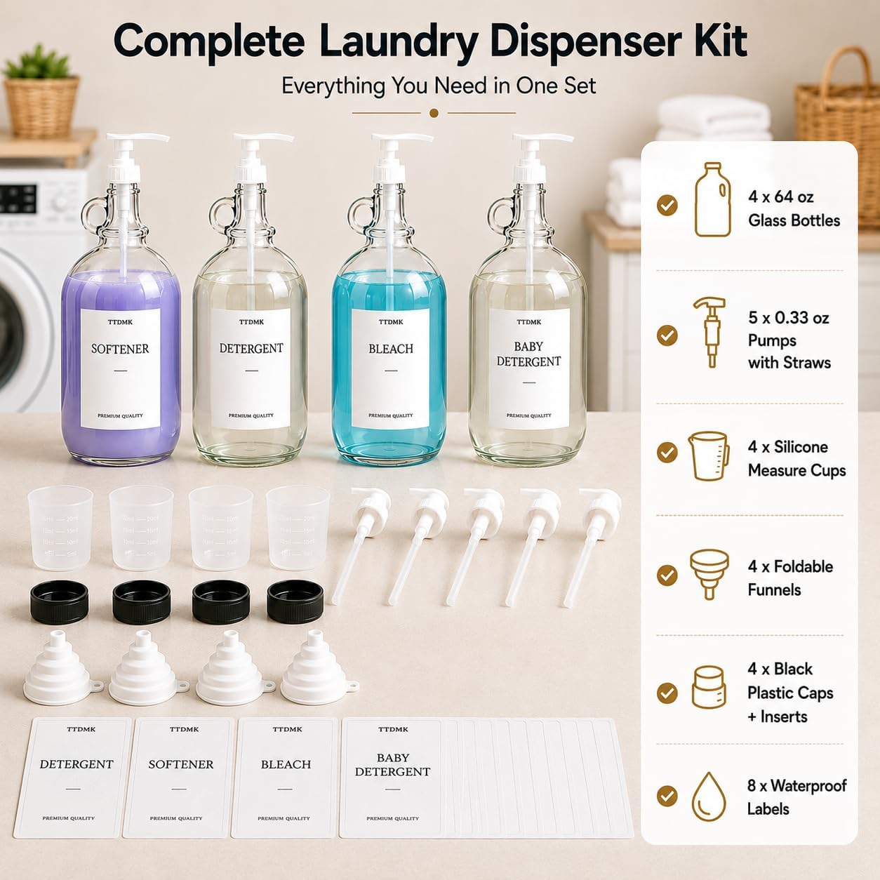 2 Pcs Glass Liquid Laundry Detergent Dispenser, Half Gallon Laundry Soap Dispenser for Laundry Room (64 oz. Each), Laundry Detergent Bottles with Pump Dispenser -Includes Labels, Funnel, Measuring Cup