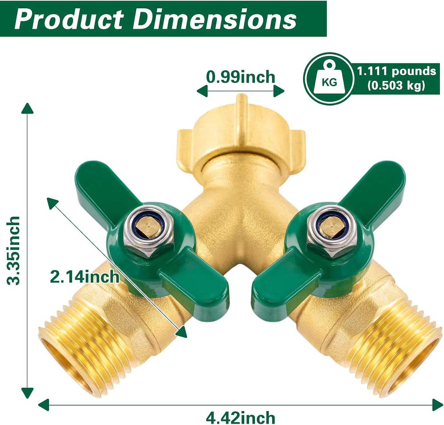 Heavy Duty Garden Hose Splitter 2 Way, Brass Full Flow Y Hose Splitter with Thickened Easy-Turn Handle, 3/4" GHT Outdoor Faucet Connector with Shut-Off Valves
