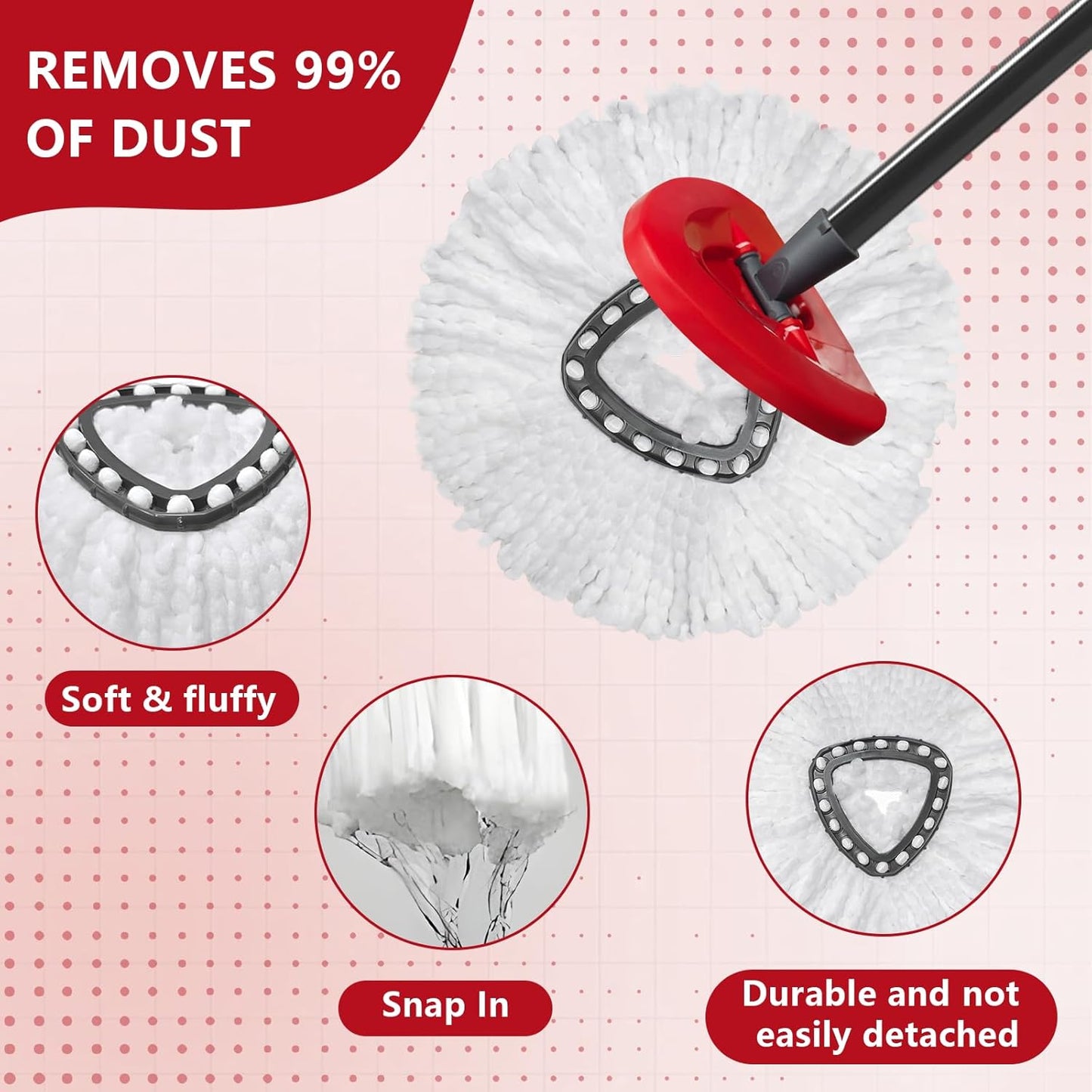 Easywring 1-Tank System,Mop Replacement Heads for O-Ceda Mop Replace Head, Spin Mop Heads Replacements, Microfiber Spin Mop Refills, Easy Cleaning Mop Head Replacement (White-3pcs)