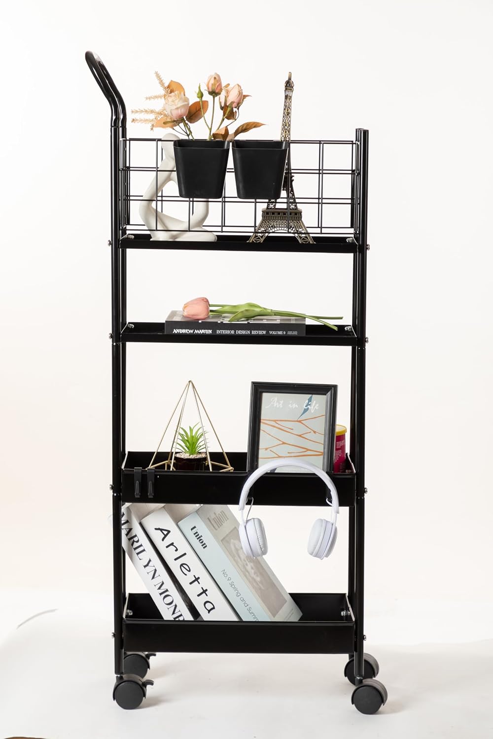 danpinera Storage Cart on Wheels, 3 Tier Slim Laundry with Wheels Bathroom Organizer with Hanging Cups Hooks Dividers Handle Mobile Rolling Art Cart for Bathroom Kitchen Narrow Places, White