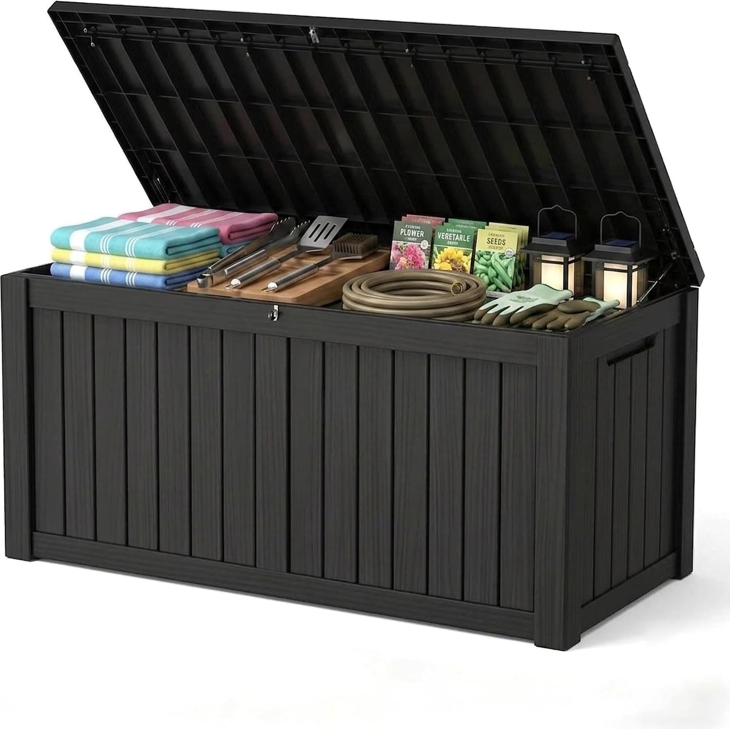 270 Gallon Lockable Resin Outdoor Storage Box, Waterproof & Weather Resistant Deck Box for Patio Cushion, Garden Tools & Pool Accessories, Black