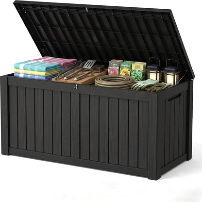 270 Gallon Lockable Resin Outdoor Storage Box, Waterproof & Weather Resistant Deck Box for Patio Cushion, Garden Tools & Pool Accessories, Black