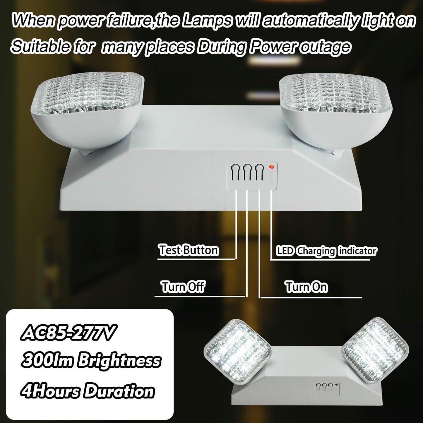 Plug in Emergency Lights for Business Home Power Failure 4Hours 300lm LED Commercial Emergency Light Fixtures with Battery Backup Rechargeable Adjustable Two Heads AC85-277V