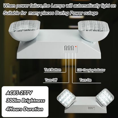 Plug in Emergency Lights for Business Home Power Failure 4Hours 300lm LED Commercial Emergency Light Fixtures with Battery Backup Rechargeable Adjustable Two Heads AC85-277V