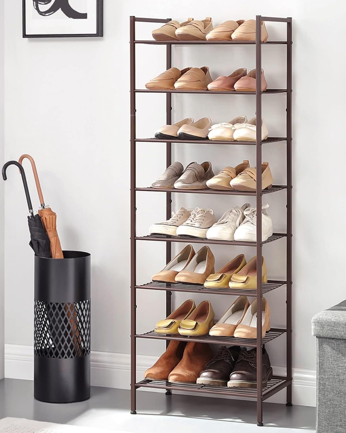 SONGMICS Metal Shoe Rack, Free Standing Shoe Organizer for Entryway Closet Garage Small Spaces, Heavy-Duty Slim Steel Storage Shelf, 8-Tier, Fits 16-24 Pairs, Bronze ULMR028A01