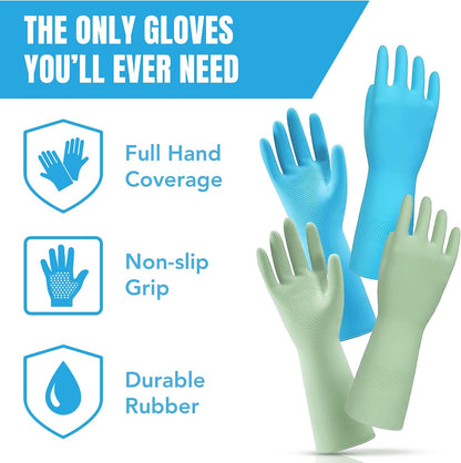 JOR Kitchen Dishwashing Gloves, Durable and Reusable Rubber with Non-Slip Grip, For Household Chores, Multi-purpose Use for Pantry, Bathroom Laundry, Medium, 12-inch Long Cuff, 2 Pairs, Green & Blue