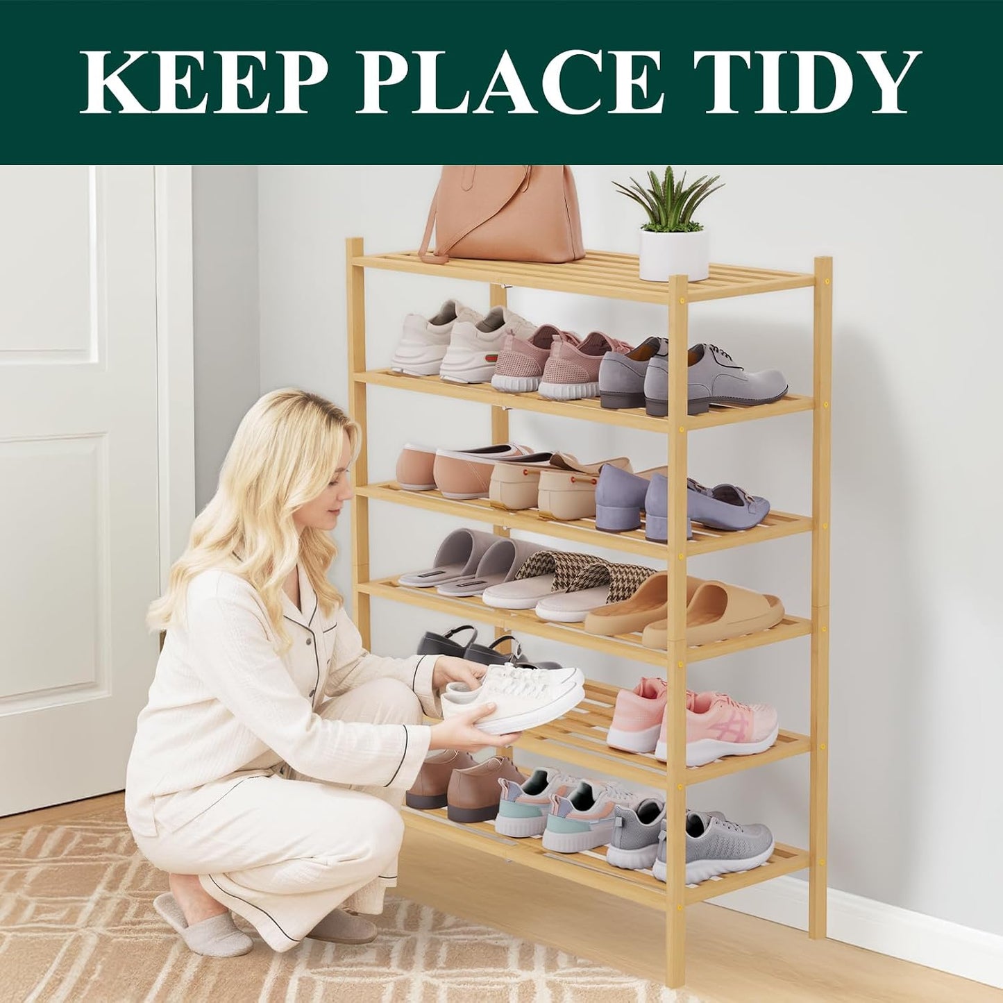 Smiry Bamboo Shoe Rack, 3 Tier Free Standing Wooden Shoe Organizer, Stackable Wood Shoe Storage Shelf for Closet, Entryway, 5 Horizontal Slats, 26.8"x11"x18.3", Natural