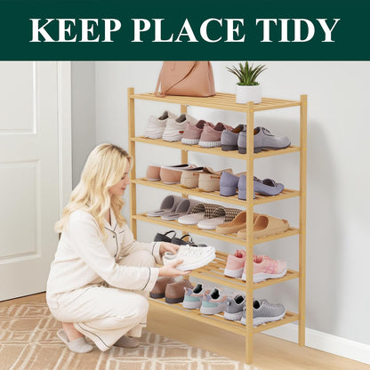 Smiry Bamboo Shoe Rack, 3 Tier Free Standing Wooden Shoe Organizer, Stackable Wood Shoe Storage Shelf for Closet, Entryway, 5 Horizontal Slats, 26.8"x11"x18.3", Natural