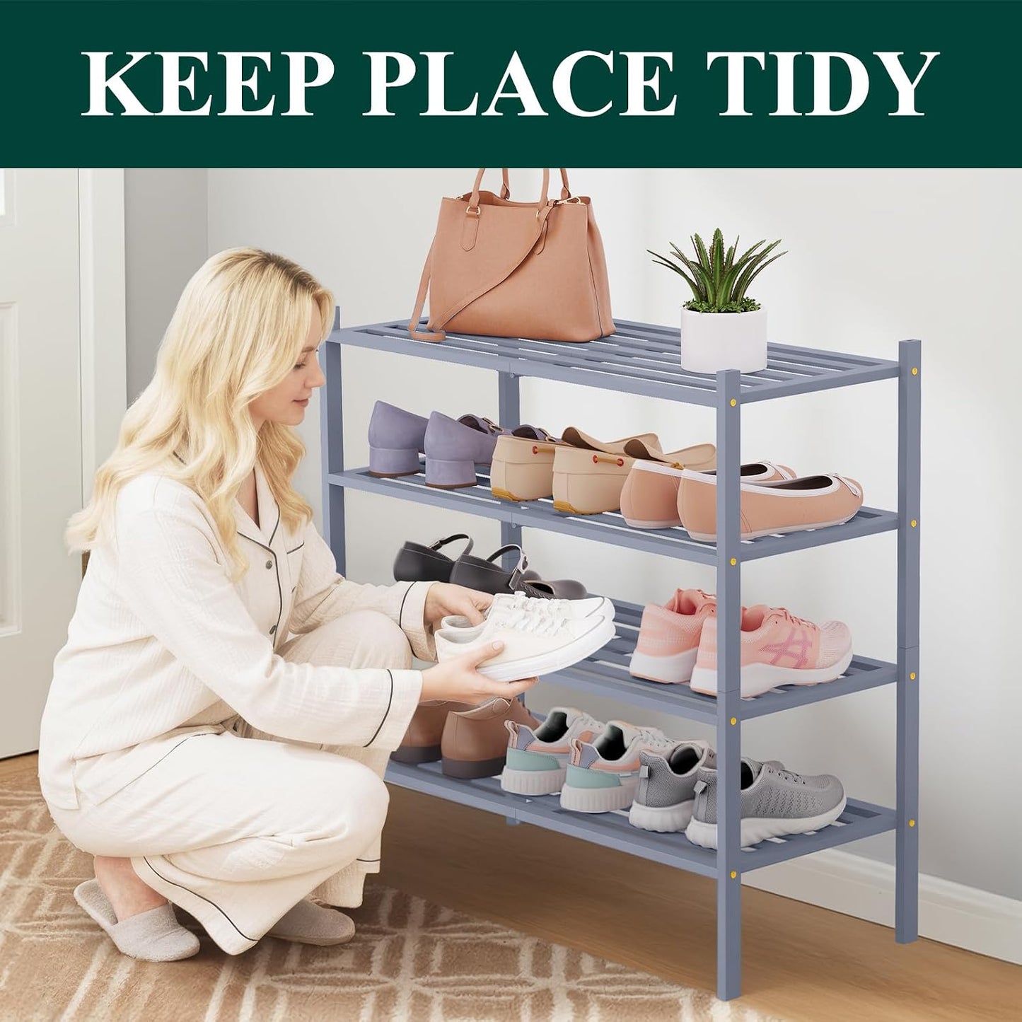 Smiry Bamboo Shoe Rack, 3 Tier Free Standing Wooden Shoe Organizer, Stackable Wood Shoe Storage Shelf for Closet, Entryway, 5 Horizontal Slats, 26.8"x11"x18.3", Natural