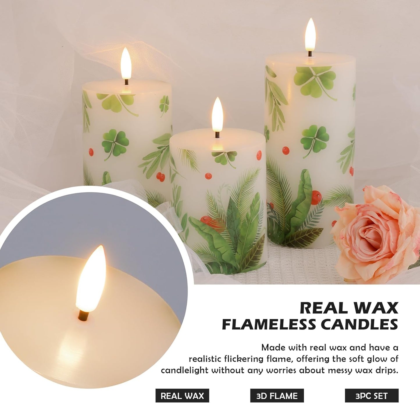 JOIONE Flameless Pillar Candles with Remote, 3 Pack Battery Operated Real Wax LED Candles, LED Candle that Perfect for Home Decorations Fireplace Table, White