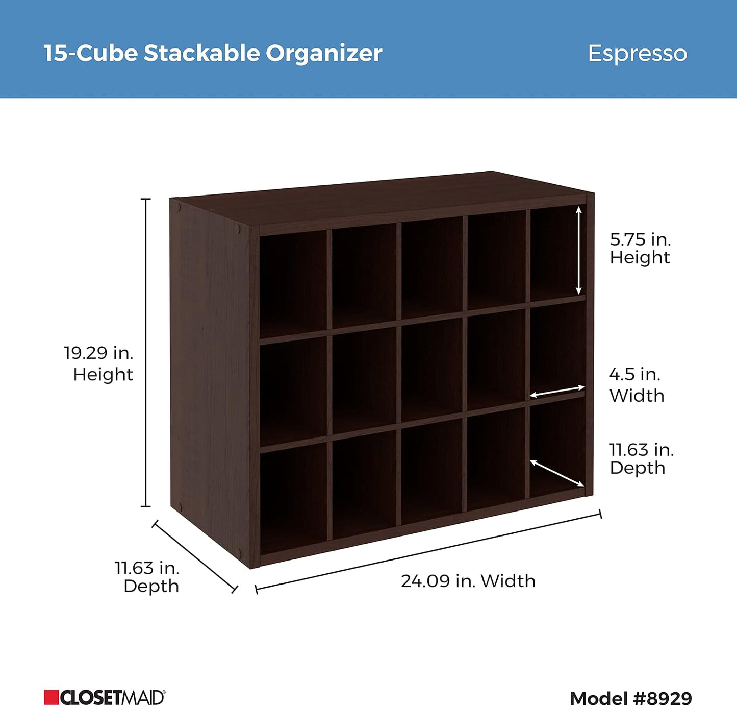 ClosetMaid 15 Cube Stackable Storage Organizer for Shoes, Bags, Crafts, Hobbies with Wood Shelves, for Closet, Entryway or Mudroom, Espresso