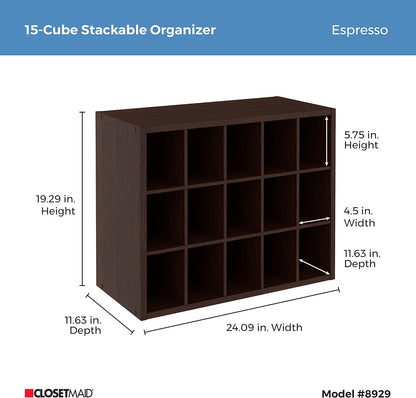 ClosetMaid 15 Cube Stackable Storage Organizer for Shoes, Bags, Crafts, Hobbies with Wood Shelves, for Closet, Entryway or Mudroom, Espresso