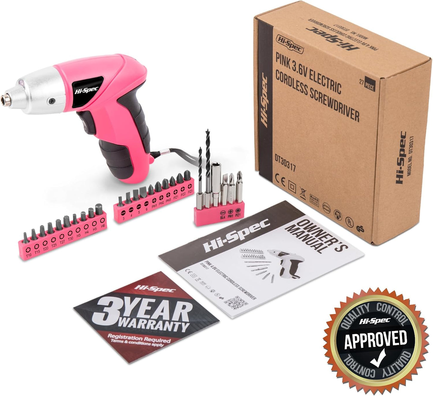 Hi-Spec Cordless Electric Screwdriver, Power Screw Driver Set with Pink Compact Tool Kit for Small Repair and Maintenance- Ideal Housewarming Gift,19 Piece