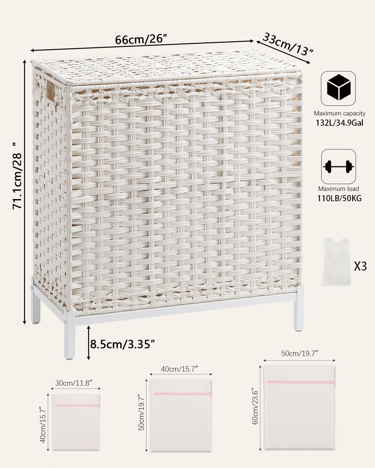 SETVSON Laundry Hamper with Lid 132 L, (35 Gallons) Clothes Hamper with Lid, Handwoven Rattan Laundry Hamper with Metal Heightened Feet, Laundry Hampers with 3 Removable Liner Bags for Laundry-Natural