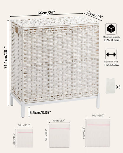 SETVSON Laundry Hamper with Lid 132 L, (35 Gallons) Clothes Hamper with Lid, Handwoven Rattan Laundry Hamper with Metal Heightened Feet, Laundry Hampers with 3 Removable Liner Bags for Laundry-Natural