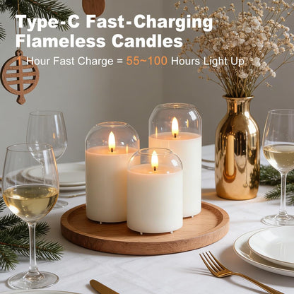 LEDHOLYT Rechargeable Flameless Glass Pillar Candles–Gifts for Women,–Set of 3, Realistic Flickering LED Light,Remote & Timer, Ideal for Living Room, Bedroom & Festival Wedding Home Party Decor