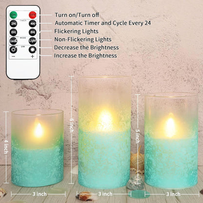Glass Flameless Candles Flickering Battery Operated LED Pillar Candles Set of 3 with Timer and and 10-Key Remote Green Branch Floral Spring Summer Theme for Wedding Festival Home Decoration