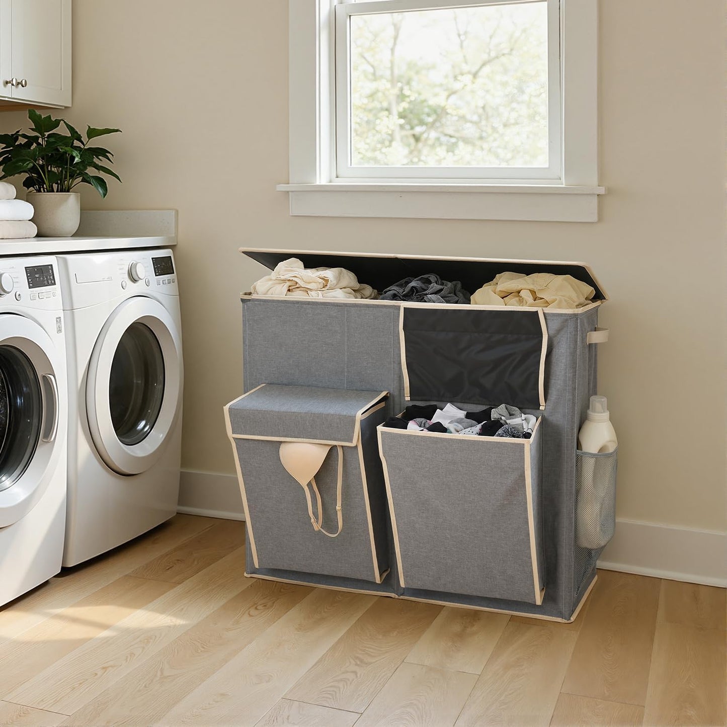 SOLEDI 220L Laundry Hamper 3 Section,Extra Large Laundry Basket with Lid and 2 Side Pockets, Dirty Clothes Hamper with Removable Bag Easy to Carry for Laundry Room, Bedroom, Bathroom, Black