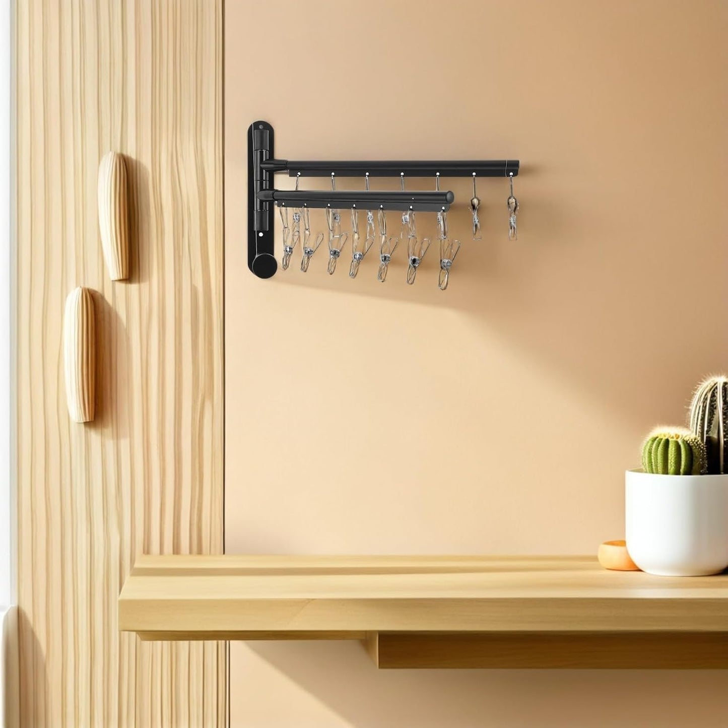 OUNONA Wall Mounted Laundry Hanger Dryer Rack with 2-Tier Stainless Steel Multi Bars, 360° Rotating Arms and 14 Clips, Foldable Strong Loadbearing Design for Laundry and Closet Organizer,