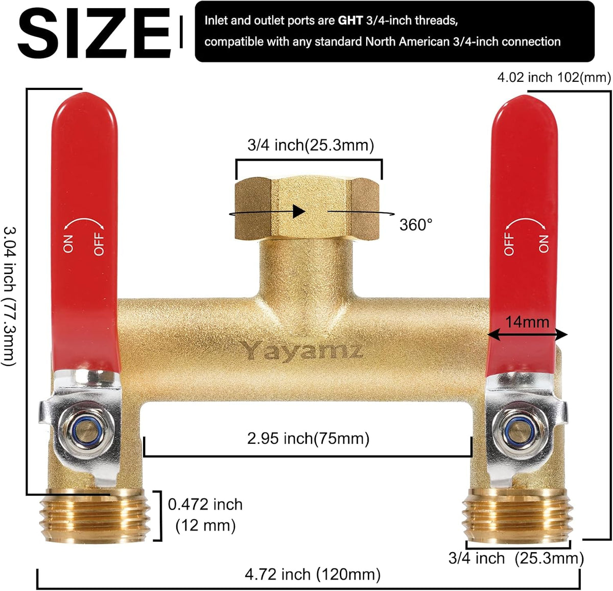 Garden Hose Splitter, 3/4” Rust and Freeze Resistant Outdoor Hose Manifold with 2 Green Extra Long Handles Faucet Adapter-Heavy Duty Brass 2-Way Valve