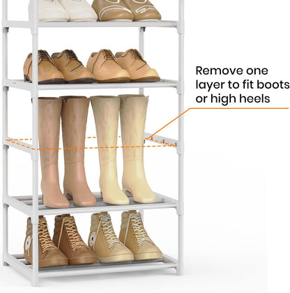 Narrow Shoe Rack 10 Tiers Tall Shoe Rack for Entryway Closet 20 24 Pairs Shoe & Boots Organizer Storage Shelf Durable Black Metal Stackable Shoe Cabinet with Hooks, 17.1D x 11.8W x 78.7H in